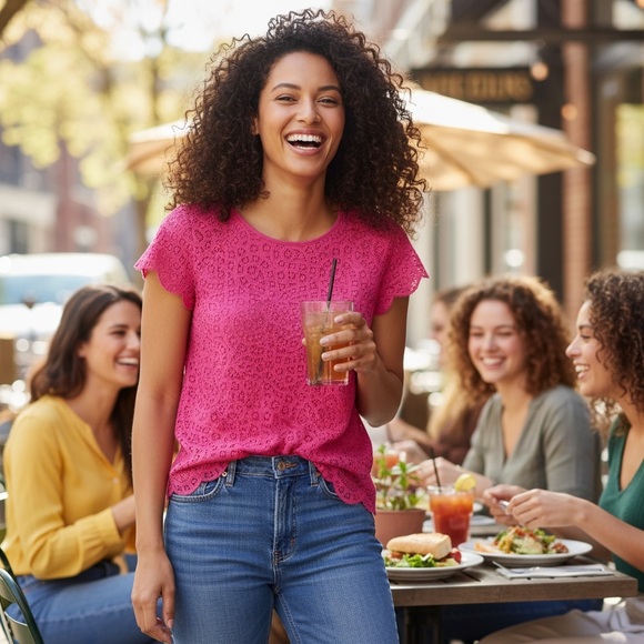 J. Crew Lace Overlay Short Sleeve Scalloped Hem Top Resort Cruise Bright Pink 2 - Picture 3 of 8